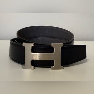 Hermes 32mm H Belt in Noir/Etain Size 80